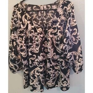 Old Navy Women Shirt SZ XL Black White Gray Floral 3/4 Sleeves Top‎ Blouse